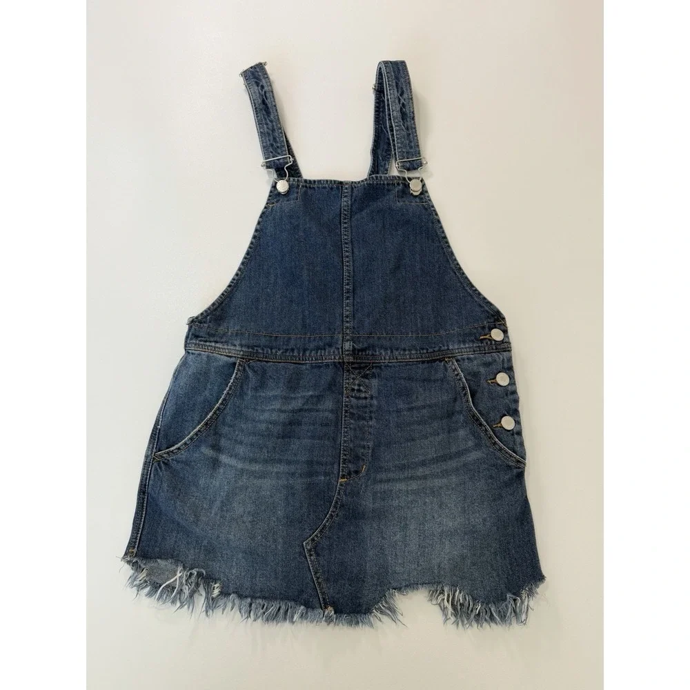 Free People Blue Denim Overall Dress Sz 6 Raw Hem Casual Bib Mini